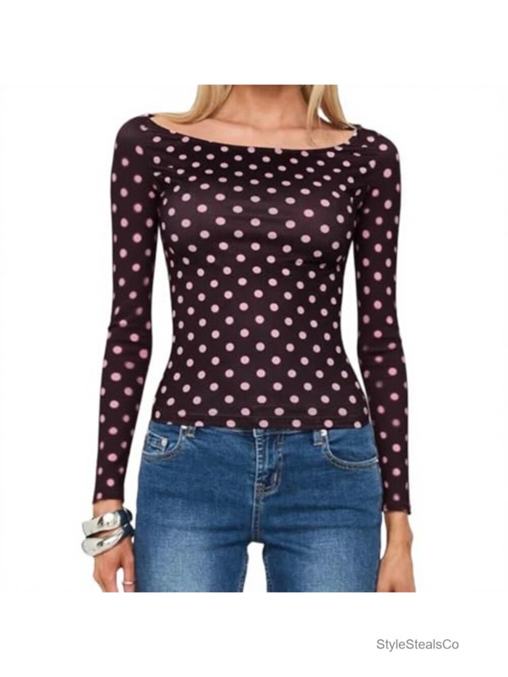 Y2K Polka Dot Long Sleeve Crop Top Slim Fit Boat Neck